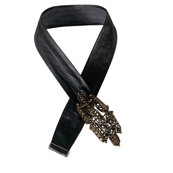 Vintage LUCIANO Hand Tooled Brutalist Brass Buckle on Leather Belt - Picture 3 of 6